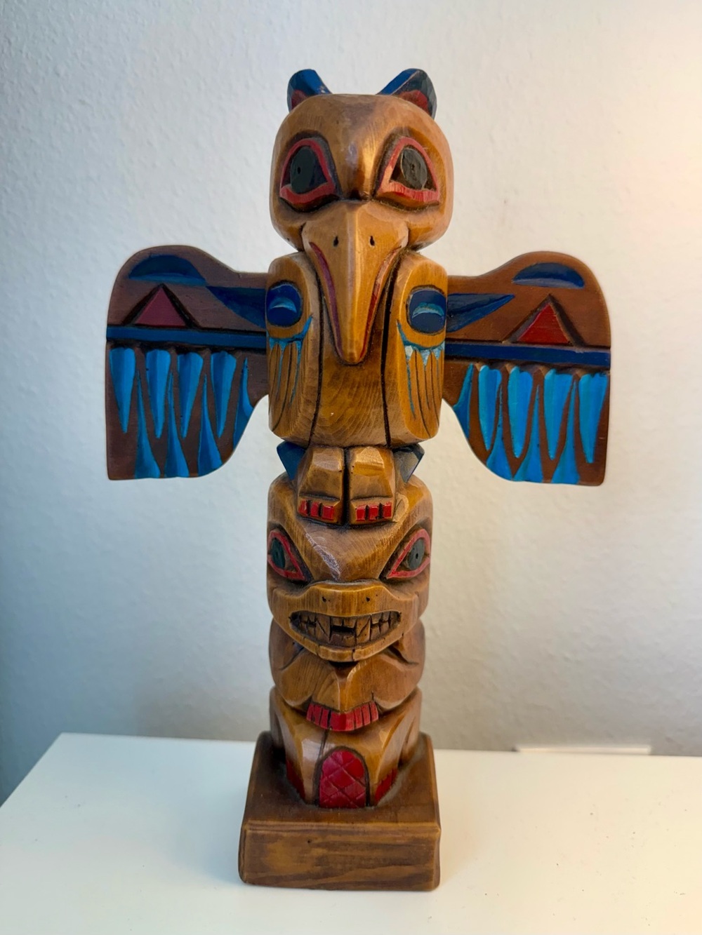Alaska Hand-Carved Wooden Totem Pole - Blue and Red Accent, Signed by Raven
